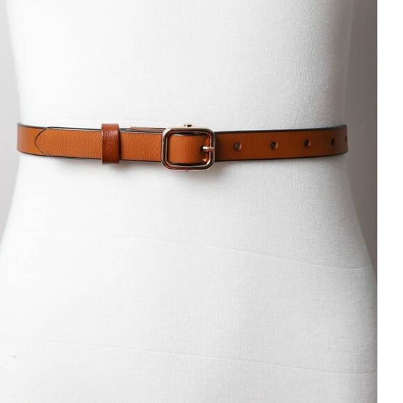 Versatile Skinny Classic Leather Gold Buckle Belt Camel Brown - Picture 1 of 5
